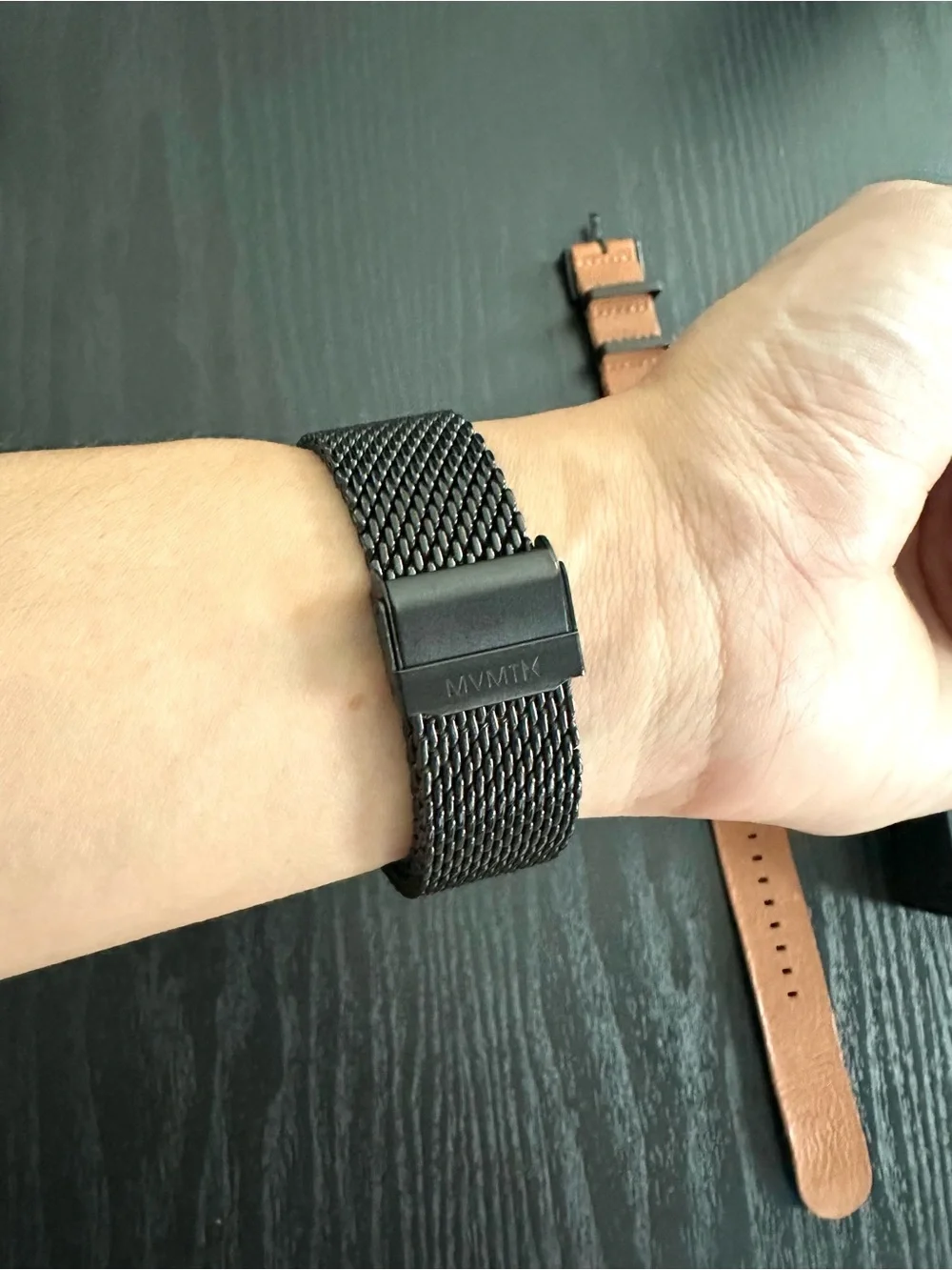 MVMT Black Mesh Chronograph Watch with extra Tan Leather Strap and Box 42mm